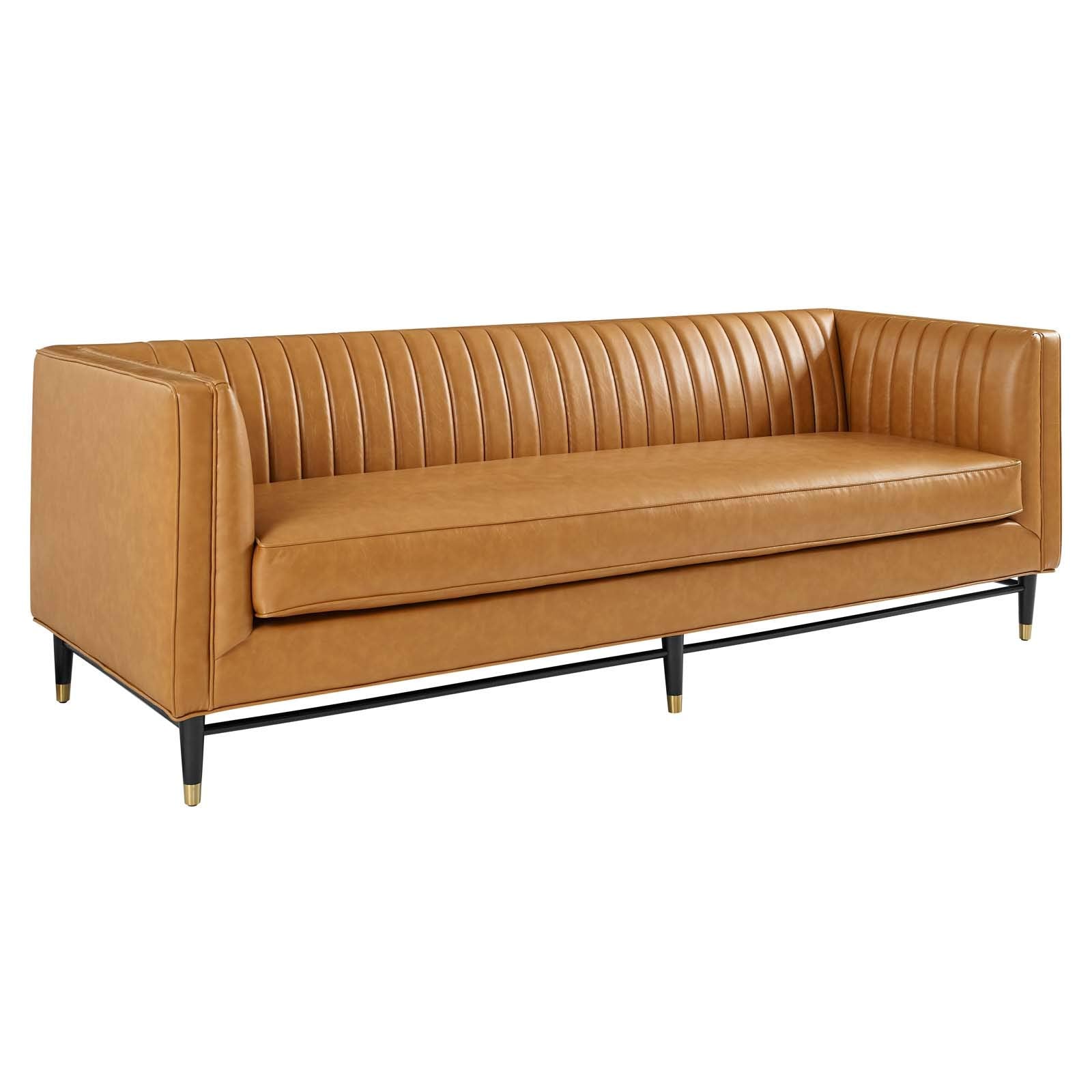 Modway Devote Tan Vegan Leather Sofa - Channel Tufted Design, Stylish Small Sofa for Living Room, Modern Home Furniture